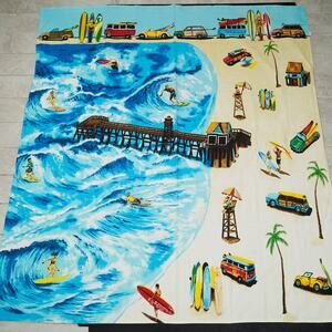 90s Retro Surf Cotton Canvas Wall Hanging Woodie Wagon VW Bus Beach Scene 72x65